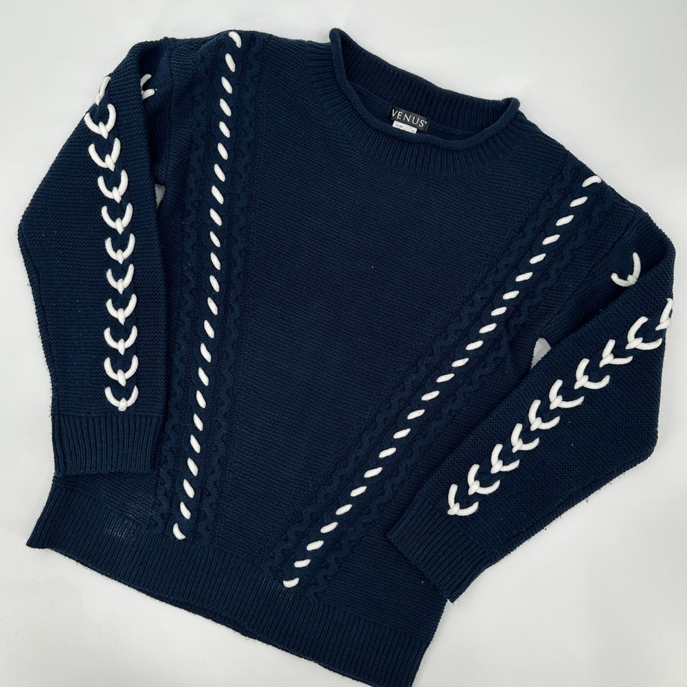 Venus Navy Blue‎ Lace Up Sleeve Knit Sweater Women's XS